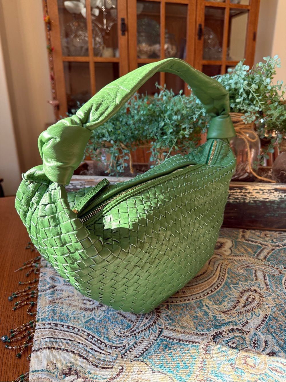 Giorgia Milani Leather Hobo Bag Made In Italy Green Woven - Picture 2 of 11